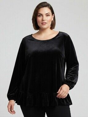 Jordache Black Velvet Long Sleeve Ruffle Hem Tunic Top, Whymsigorh, Plus Size 4X